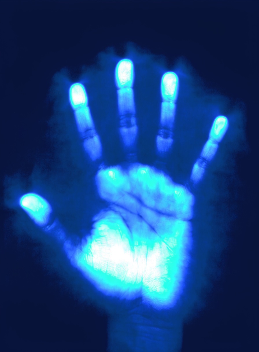 Thermal print of a palm pressed against glass